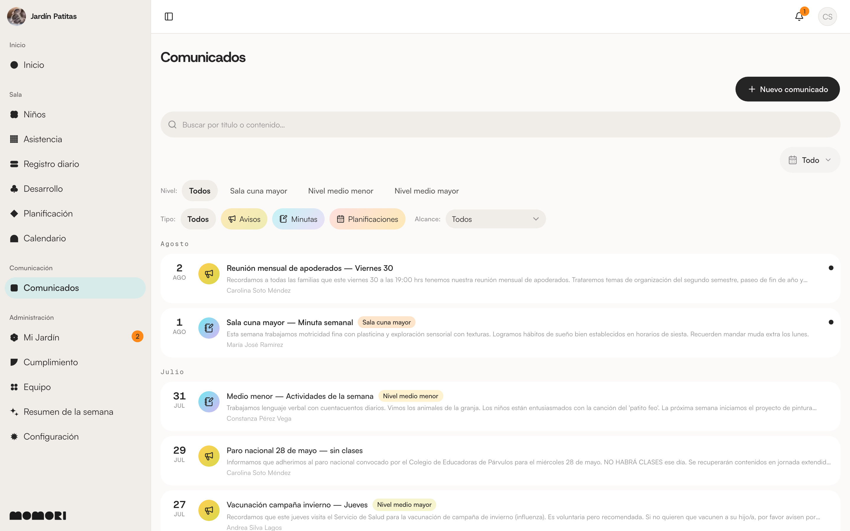 Pantalla Comunicados: lista de comunicados publicados con su tipo y sus salas destinatarias, filtros por período, tipo, alcance y nivel, y botón Nuevo comunicado.